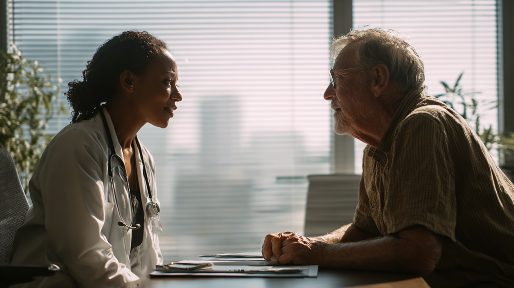 A Black female doctor in a white coat listens attentively to an older male patient during a consultation, representing the kind of thorough care a Lyme-literate doctor provides.