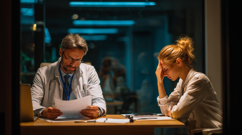 Exhausted patient with hand on head sitting across from doctor reviewing paperwork in medical office, illustrating feeling unheard during Lyme disease diagnosis