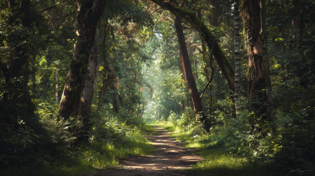Peaceful forest path with sunlight filtering through trees, symbolizing hope and a journey forward after Lyme disease diagnosis"