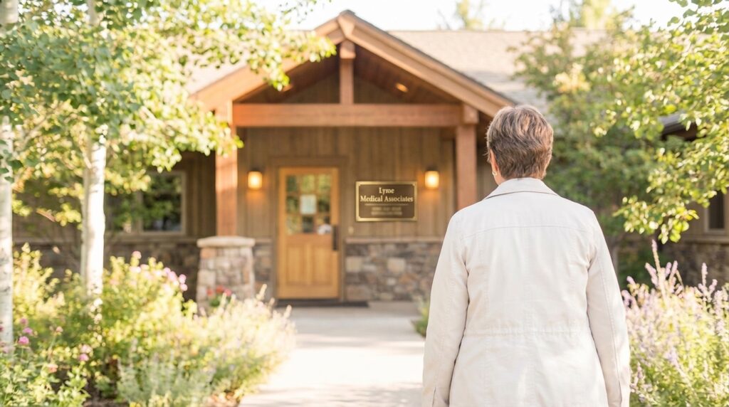 Woman walking toward the entrance of a Lyme Medical Associates clinic surrounded by gardens and warm sunlight, representing a patient arriving for their first LLMD appointment