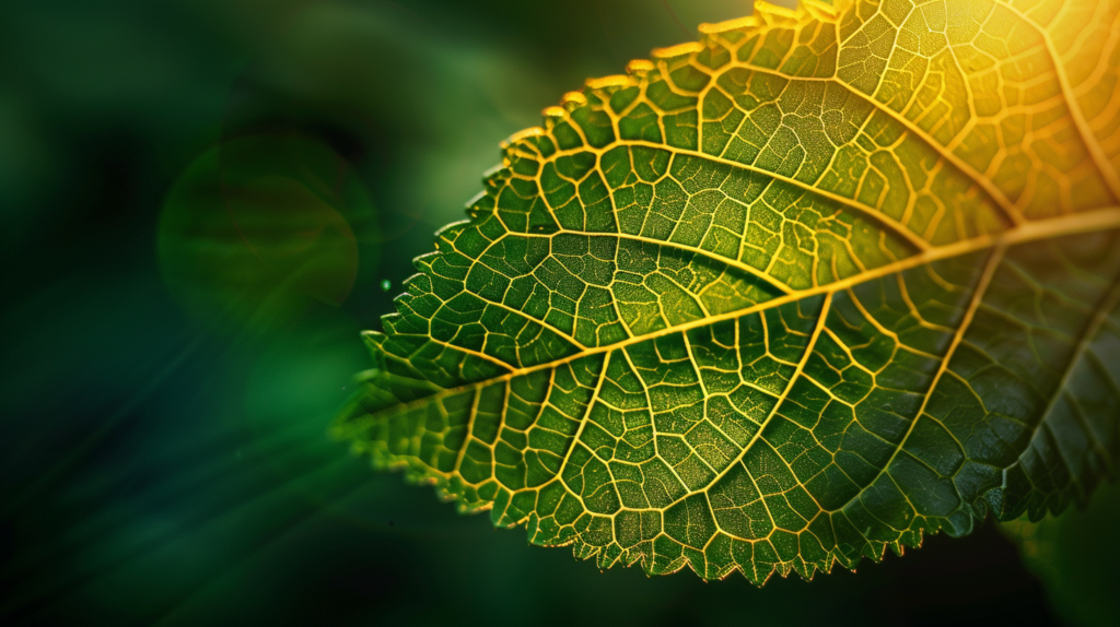 Macro photograph of a green leaf backlit by warm golden sunlight, revealing an intricate network of veins glowing against a soft dark background, symbolizing the complex biological systems that influence Lyme disease recovery.